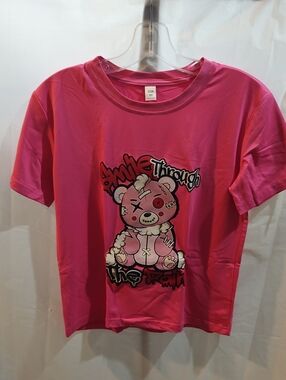 Kids Pink Graphic Tee with Teddy Bear Design Size 9y